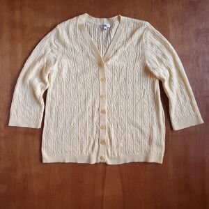 Vintage 3/4 Sleeve Cable Knit Cardigan Sweater Sz XL Butter Yellow Grandmacore